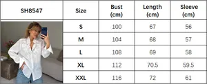 Size chart detail for white floral embroidered long sleeve lapel shirt from S to XXL