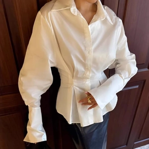 Minimalist white pleated waist satin shirt for women with elegant long flared sleeves