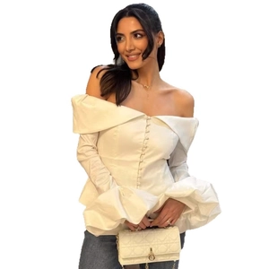 Off-shoulder long sleeve white blouse with button front and elegant puff sleeves