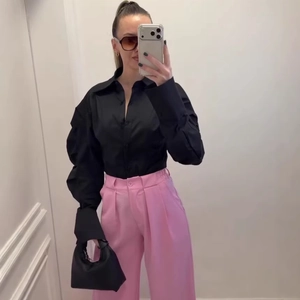 Women's Chic Black Long Sleeve Shirt Pleated Puff Sleeve Lapel Button Up Blouse OL Commuter Office Fashion Tops