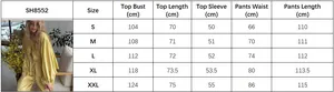 Detailed size chart for the women's long sleeve bow-tie top and wide-leg pants set