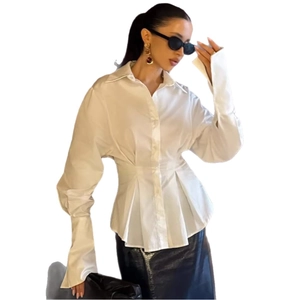 White long sleeve shirt for women featuring pleated waist and wide cuffs