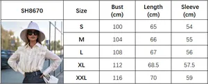 Detailed size chart for white ruffle long sleeve shirt showing S-XXL measurements in cm