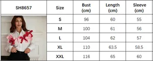 Size chart for French style shirt with 3D bows showing bust, length, and sleeve specs