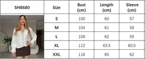 Detailed size chart for V-neck ruffle sleeve blouse with bust and length measurements