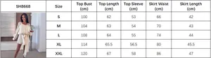 Detailed size chart for lace long sleeve top and skirt set with measurements in cm