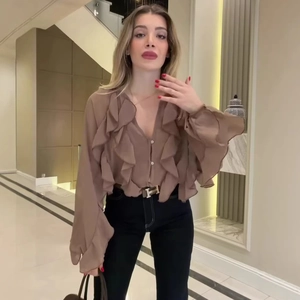 Women Elegant Ruffle Chiffon V Neck Long Sleeve Shirt Solid Color Office Blouse Casual Fashion Loose Tops For Ladies