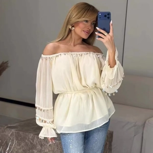 Off-shoulder chiffon shirt with metal chain trim and adjustable waist belt