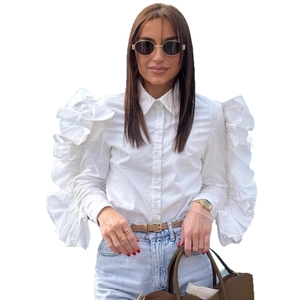 Elegant white long sleeve blouse featuring layered ruffle sleeves and a button-up front