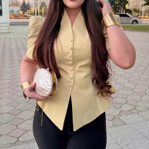 Elegant beige V-neck blouse with button-up front and stylish puff sleeves for women