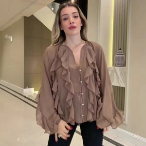 Elegant coffee brown V-neck chiffon shirt with ruffle details and long sleeves for women