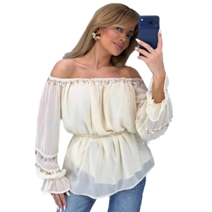 Elegant off-shoulder cream long sleeve blouse with shell trim and waist tie