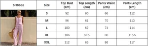 Size chart for pink sleeveless top and trousers set showing S to XXL measurements