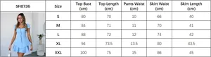 Size chart for women's light blue square neck top and skirt set with detailed measurements