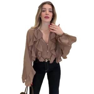 Solid brown V-neck ruffle long sleeve chiffon shirt with tiered frills for women