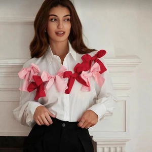 Women French Elegant White Long Sleeve Blouse With 3D Pink Red Bow Decoration Fashion Commute Button Up Shirt Top