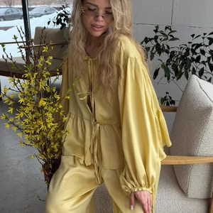 Women's Elegant Yellow Satin Co-ords Featuring Lantern Sleeve Tied Blouse And Wide Leg Pants Casual Long Sleeve Top Trouser