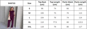 Size guide for women's sleeveless blazer vest and trousers set with measurements