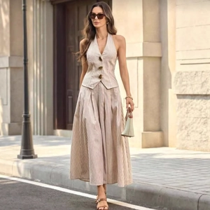 Women Elegant Striped Halter Sleeveless Vest Top And Pleated Long Midi Skirt Top And Bottom Set Casual Commuter Outfit
