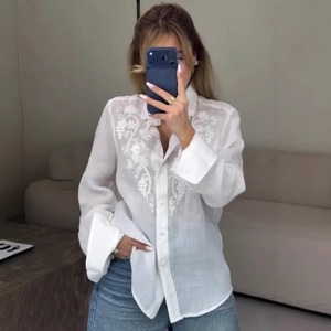 Elegant white organza lapel blouse with floral embroidery and casual sheer long sleeves