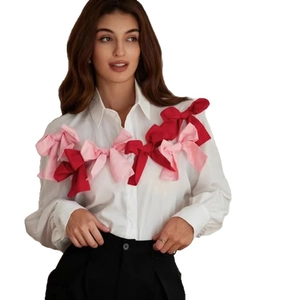 White long sleeve shirt with distinctive red and pink 3D bow decorations for women