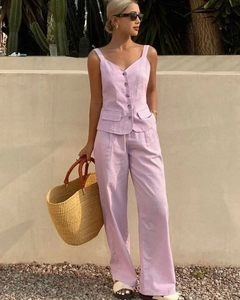 Chic light purple two-piece set featuring a V-neck vest and high-waist wide-leg trousers