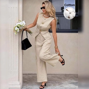 Completo Casual a Righe da Donna Elegante Gilet a Costine Senza Maniche con Scollo a V e Pantaloni a Gamba Larga Top And Bottom