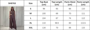 Size chart for women's V-neck striped top and wide-leg pants set in brown color