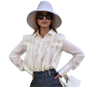 Elegant French ruffled long-sleeved white shirt for women with chic layered detailing