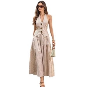 Women stripe halter vest and high waist maxi skirt two-piece elegant fashion set