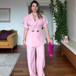 Women Casual Business Suit Notch Lapel Solid Color Short Sleeve Waist Design Top And Bottom Trousers Pink Polyester Suit