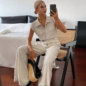 Women Striped Sleeveless Top And Bottom Set Lapel Waist Tie Wide Leg Pants Office Commuter Polyester Clothing Set