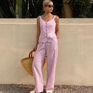 Women Casual V Neck Single Breasted Button Vest And High Waist Wide Leg Pants Outfits Lilac Elegant Sleeveless Suit