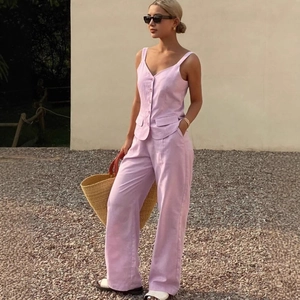 Elegant lavender linen vest and high-waisted wide-leg trousers two-piece outfit