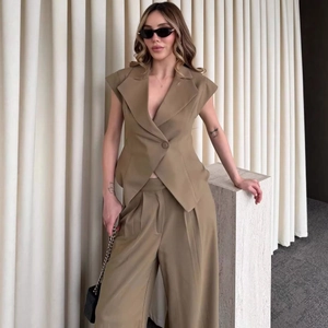 Costume Femme Élégant Polyester Blazer Sans Manches Et Pantalon Large Taille Haute Top And Bottom Bureau