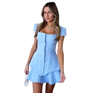 Light blue slim fit short sleeve dress with square neckline and layered hem design