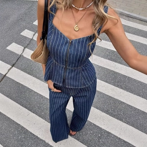 Women's dark blue denim striped two-piece set with camisole zipper top and wide-leg pants