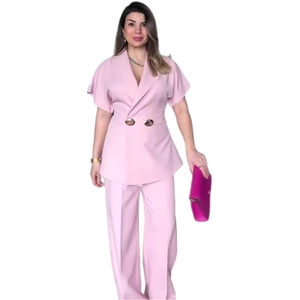Pink short sleeve blazer suit with high waist pants and gold buttons set for women