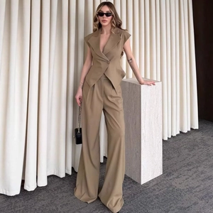 Ensemble élégant gilet sans manches à revers et pantalon large à taille haute