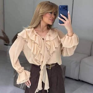 Blouse Femme Élégante Française à Volants Col en V Haut en Mousseline de Soie Mince Manches Longues Abricot Mode Bureau