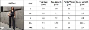 Detailed size guide table for sleeveless blazer vest and high waist wide leg pants set