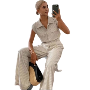 Women sleeveless striped two-piece set with lapel collar top and wide leg pants