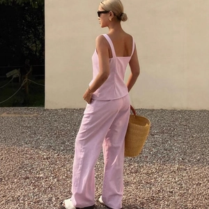 Pink cotton linen sleeveless top and high waist straight leg trousers two-piece set