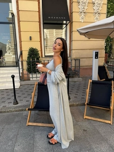 Detail of grey three-piece lounge set with long cardigan, tank top, and wide-leg trousers