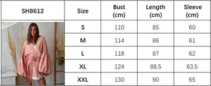 Size chart for lace trim lantern sleeve shirt with bust and length guide from S to XXL