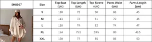 Detailed size guide table for women's long sleeve shirt and matching shorts set
