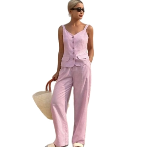 Elegant pink two-piece suit with sleeveless button-up vest and wide-leg trousers for women