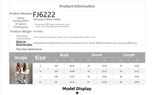 Size chart for women's striped turtleneck sweater showing fabric and measurements
