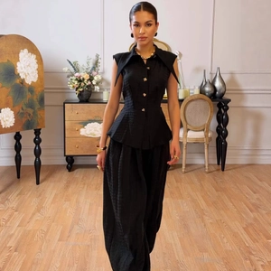 Women Elegant Black Sleeveless Peplum Top And Wide Leg Pants With Gold Buttons Textured Jacquard Office Lady Outfit
