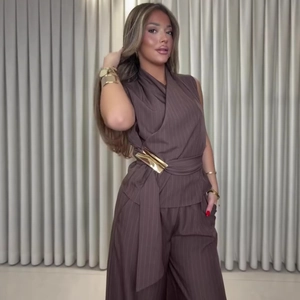 Women's brown pinstripe two-piece set with V-neck wrap top and wide-leg trousers